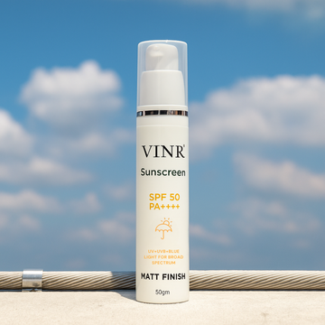 Vinr SPF 50 Matt Finish Sunscreen | Broad Spectrum UVA + UVB | Oil-Free, No White Cast | 50 gm