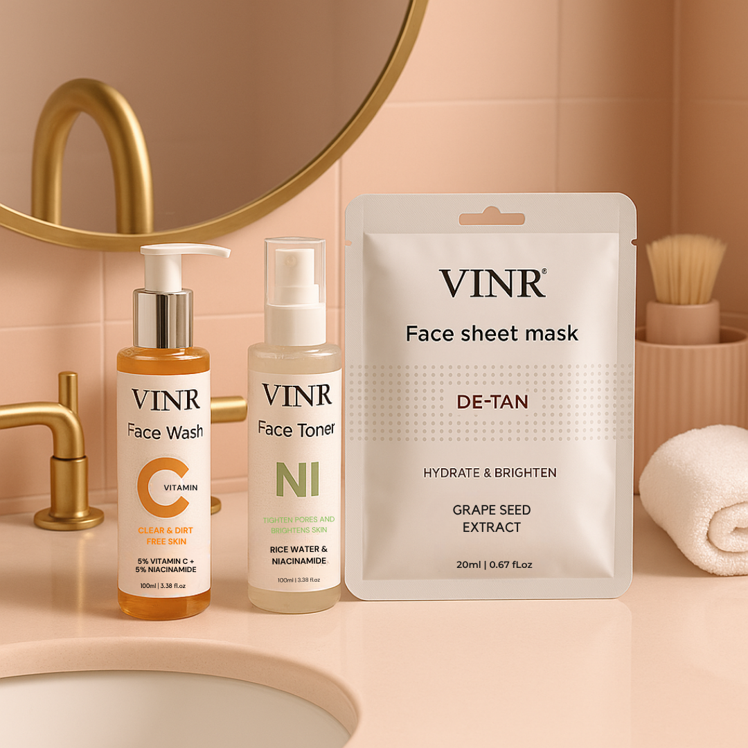 Vinr Mini Glow Combo | Vitamin C Facewash, Niacinamide & Rice Water Toner, De-Tan Sheet Mask | Brightens, Calms & Restores Glow | Suitable for All Skin Types