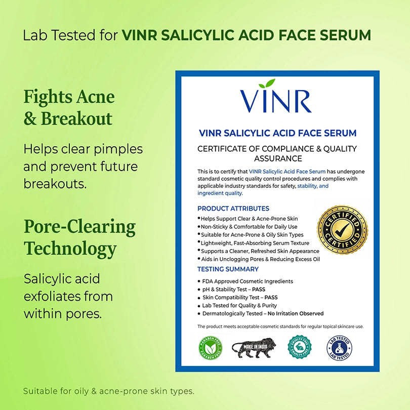 Vinr 2% Salicylic Acid & 5% Niacinamide Serum | Fights Acne & Blackheads | Unclogs Pores | Oil Control | 30 ml