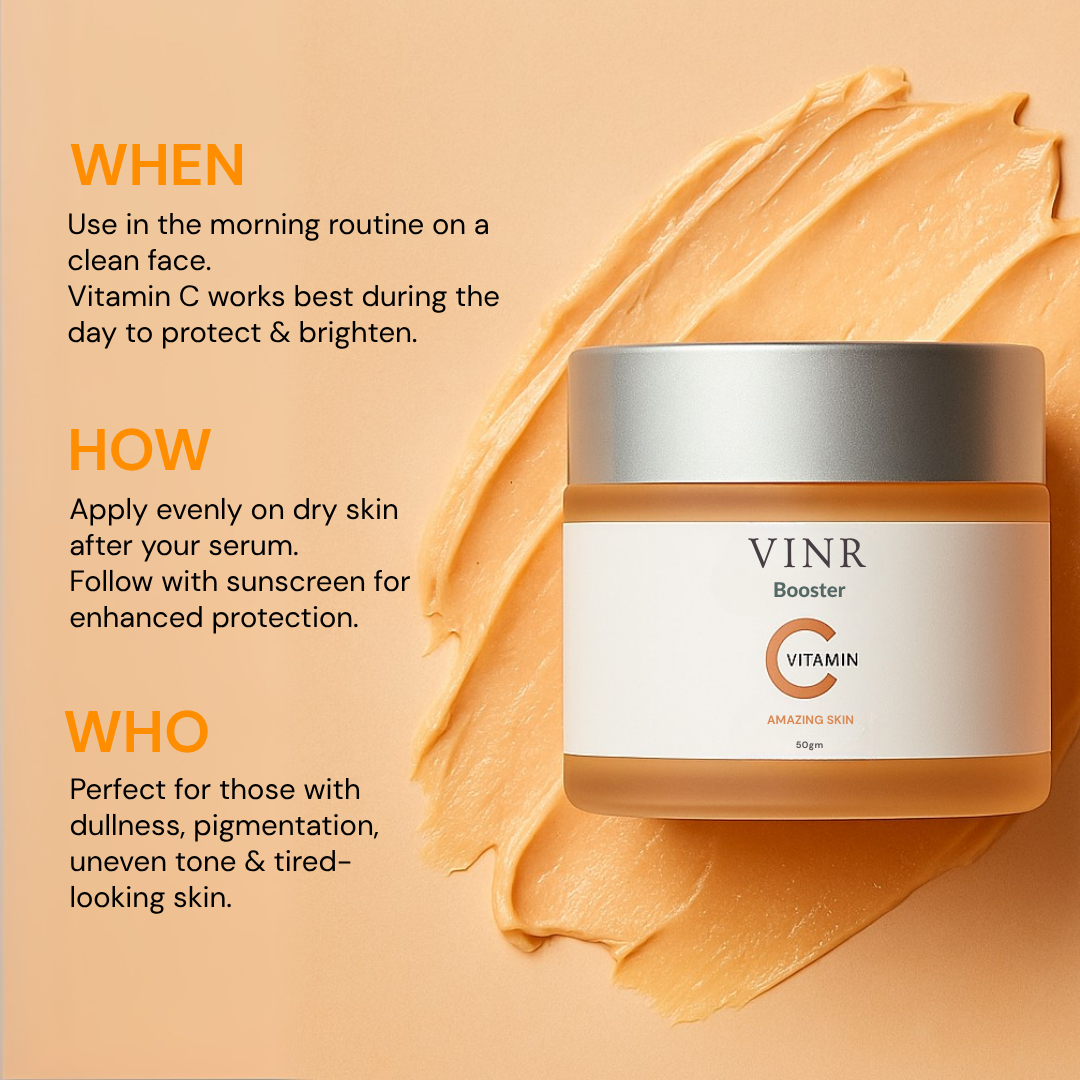 Vinr 10% Vitamin C Face Booster | Brightens Skin & Fades Dark Spots | Lightweight Daily Glow Moisturizer | 50 gm