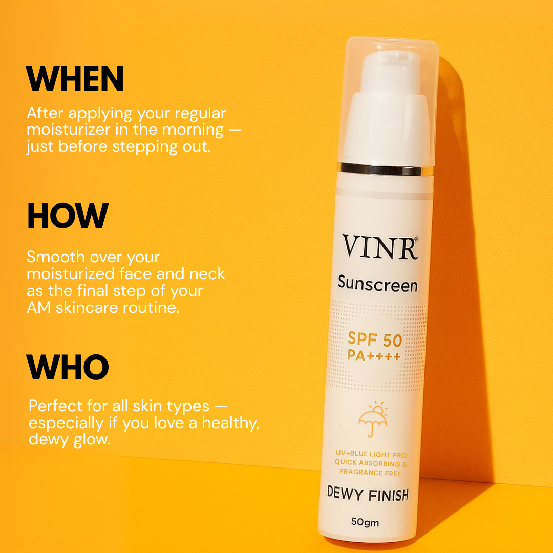 Vinr Dewy Sunscreen SPF 50 | Hydrating Glow Formula | Broad Spectrum UVA + UVB | With Niacinamide & Ceramides | 50 gm