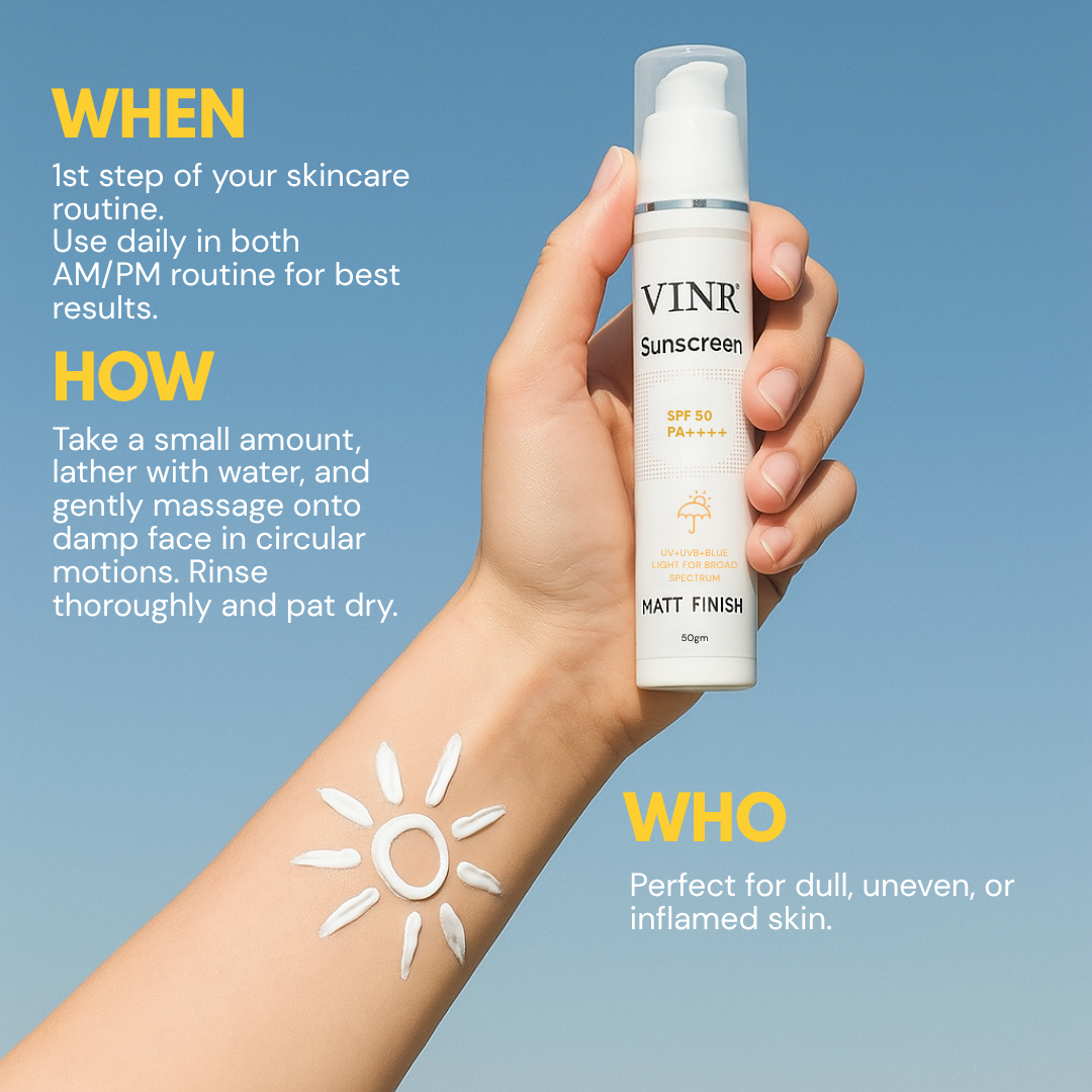 Vinr SPF 50 Matt Finish Sunscreen | Broad Spectrum UVA + UVB | Oil-Free, No White Cast | 50 gm