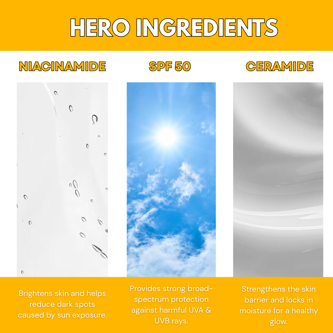 Vinr Dewy Sunscreen SPF 50 | Hydrating Glow Formula | Broad Spectrum UVA + UVB | With Niacinamide & Ceramides | 50 gm