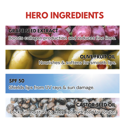 VINR Lip Balm hero ingredients — Vitamin C Olive Oil Grape Seed Extract SPF 50 PA++++