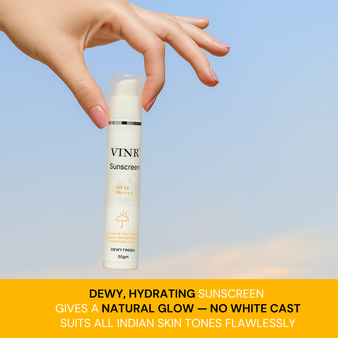 Vinr Dewy Sunscreen SPF 50 | Hydrating Glow Formula | Broad Spectrum UVA + UVB | With Niacinamide & Ceramides | 50 gm