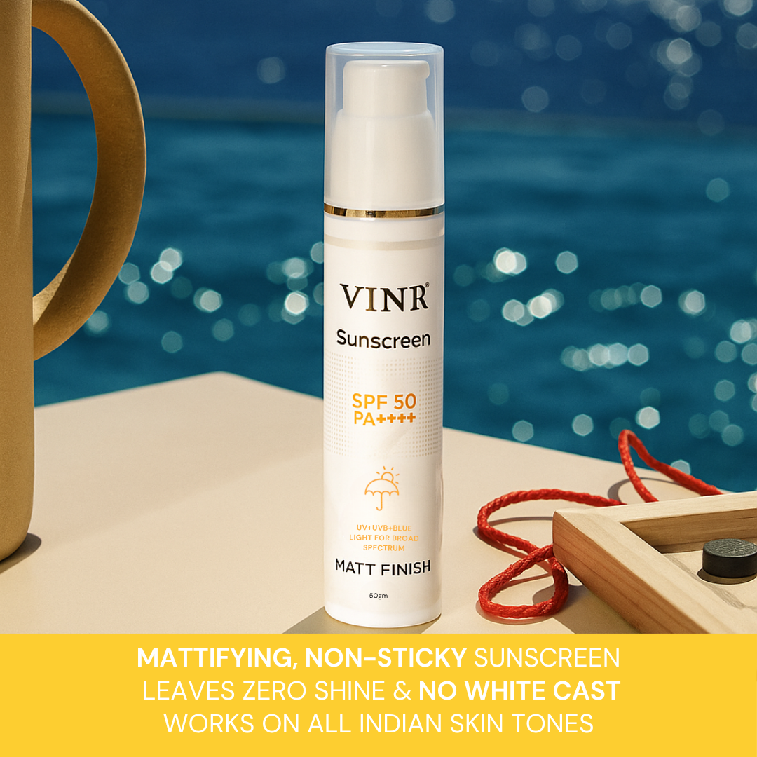 Vinr SPF 50 Matt Finish Sunscreen | Broad Spectrum UVA + UVB | Oil-Free, No White Cast | 50 gm