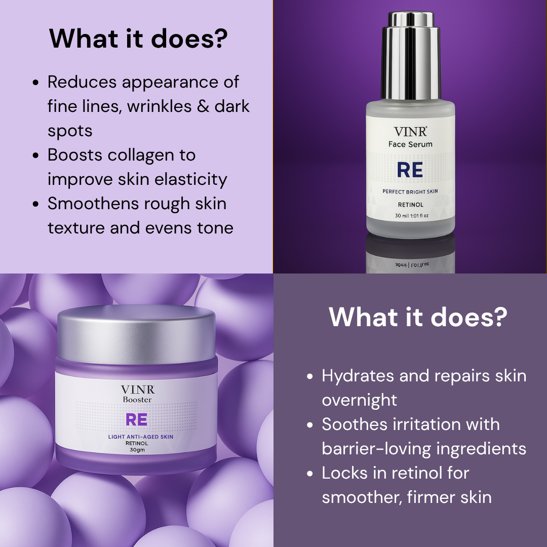 Vinr Night Repair Combo | Retinol Serum & Retinol Moisturizer | Fades Fine Lines | Boosts Collagen | Overnight Skin Renewal | 30ml + 50gm
