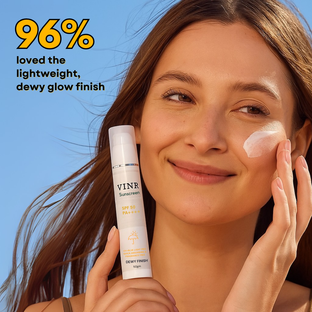 Vinr Dewy Sunscreen SPF 50 | Hydrating Glow Formula | Broad Spectrum UVA + UVB | With Niacinamide & Ceramides | 50 gm