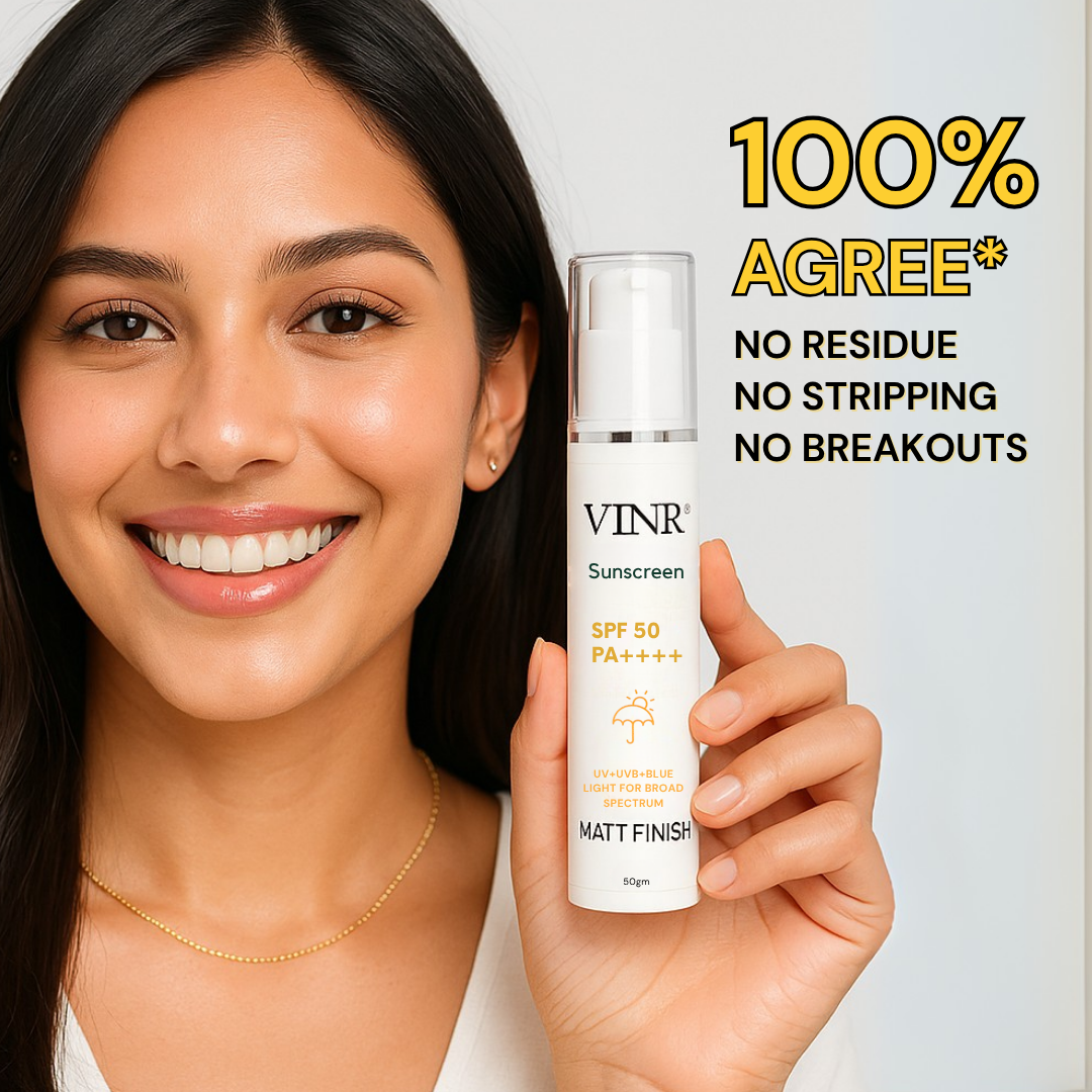 Vinr SPF 50 Matt Finish Sunscreen | Broad Spectrum UVA + UVB | Oil-Free, No White Cast | 50 gm