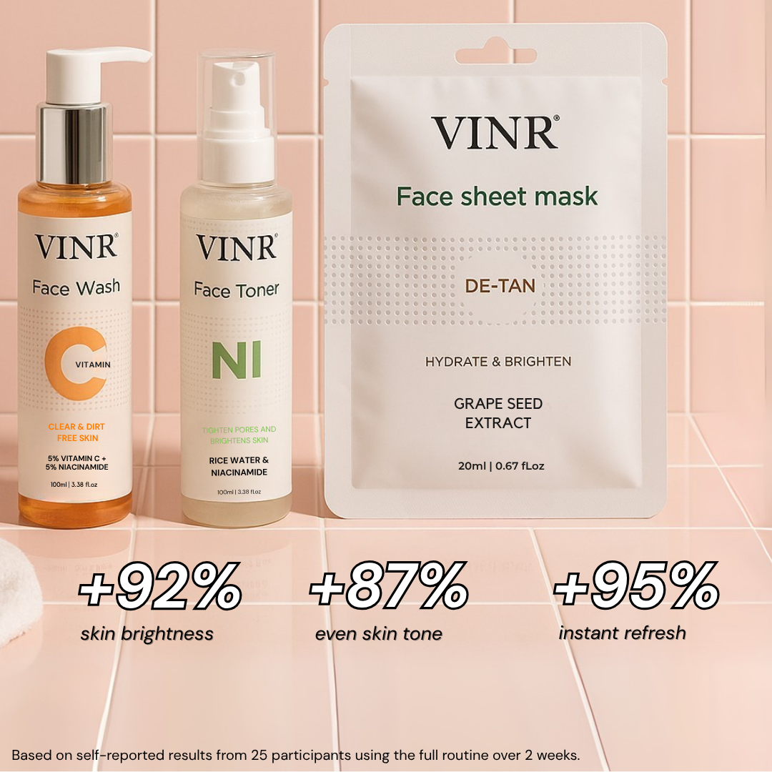 Vinr Mini Glow Combo | Vitamin C Facewash, Niacinamide & Rice Water Toner, De-Tan Sheet Mask | Brightens, Calms & Restores Glow | Suitable for All Skin Types