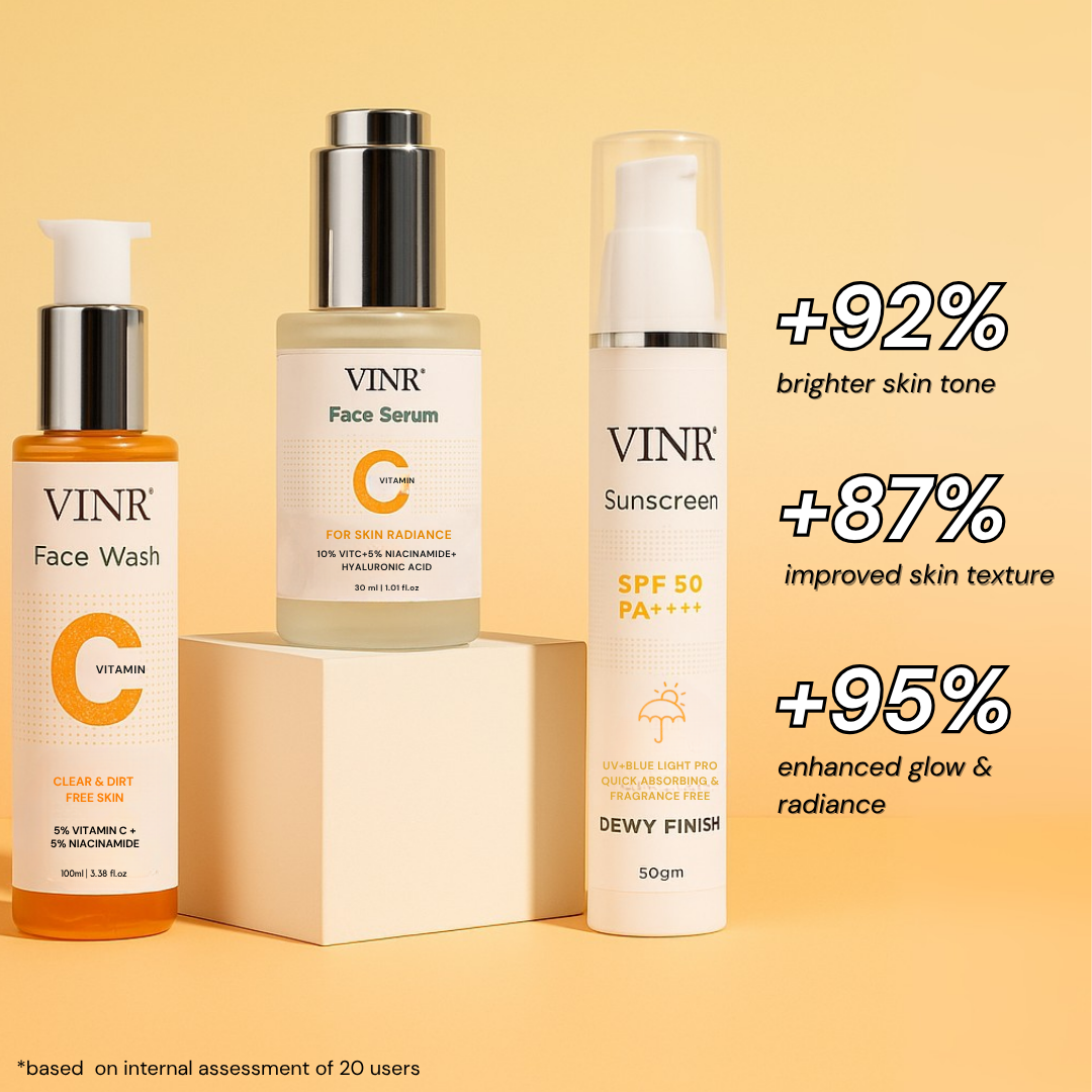 Vinr Daily Glow Skincare Combo | Vitamin C Facewash, Serum & Dewy Sunscreen | Brightens, Hydrates & Protects | Suitable for All Skin Types