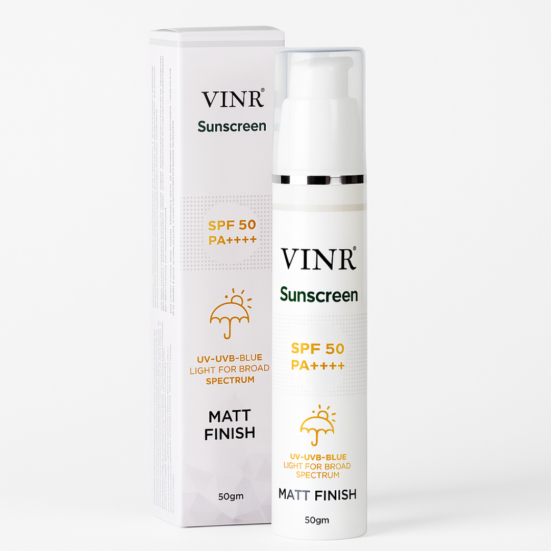 Vinr SPF 50 Matt Finish Sunscreen | Broad Spectrum UVA + UVB | Oil-Free, No White Cast | 50 gm