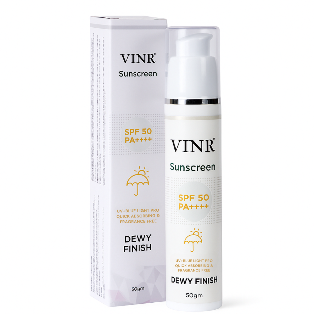 Vinr Dewy Sunscreen SPF 50 | Hydrating Glow Formula | Broad Spectrum UVA + UVB | With Niacinamide & Ceramides | 50 gm