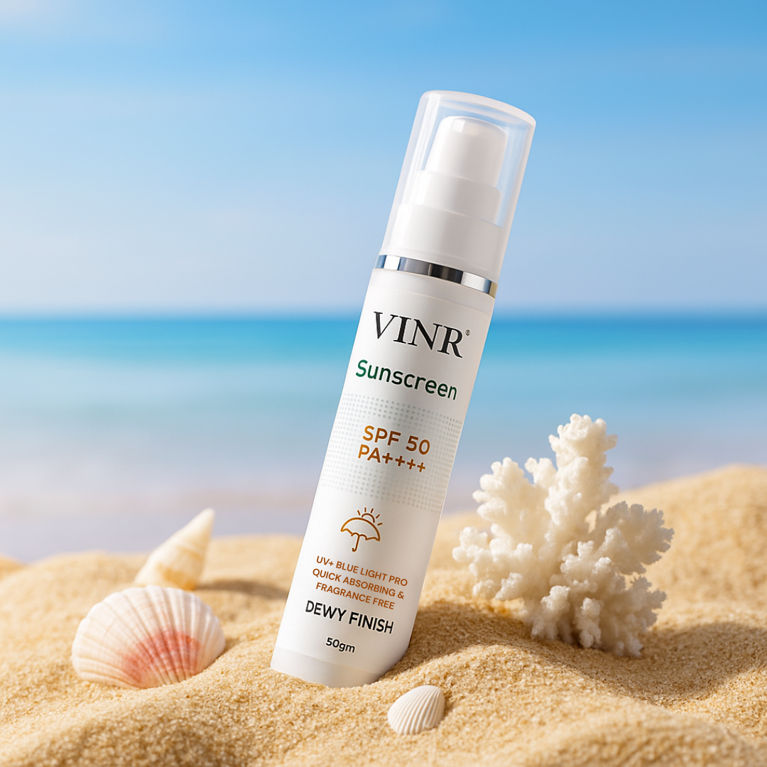Vinr Dewy Sunscreen SPF 50 | Hydrating Glow Formula | Broad Spectrum UVA + UVB | With Niacinamide & Ceramides | 50 gm