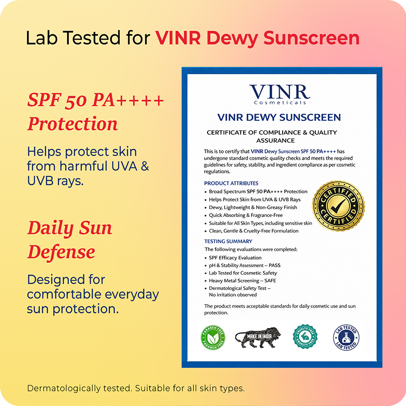 Lab tested VINR Dewy Sunscreen SPF 50 PA++++ with certificate of compliance – dermatologist tested daily sun defense sunscreen