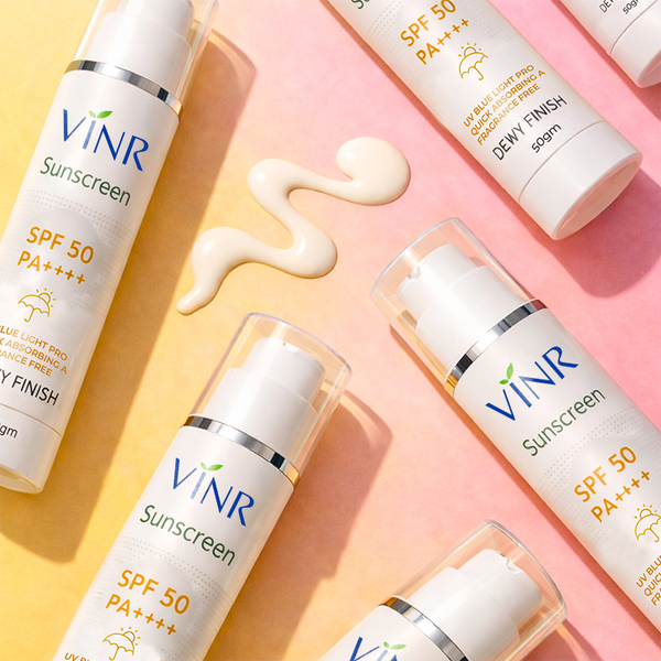 VINR SPF 50 PA++++ Dewy Finish Sunscreen flatlay – broad spectrum sun protection with dewy glow finish for everyday use