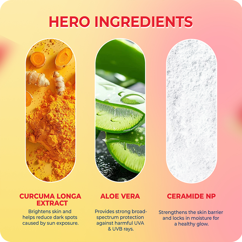 Hero ingredients in VINR Dewy Finish Sunscreen: Curcuma Longa Extract, Aloe Vera, and Ceramide NP for glowing protected skin