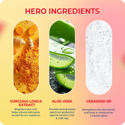 Hero ingredients in VINR Dewy Finish Sunscreen: Curcuma Longa Extract, Aloe Vera, and Ceramide NP for glowing protected skin
