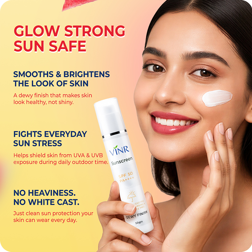 Woman applying sunscreen with product displayed, featuring text about sun safety and skin benefits.