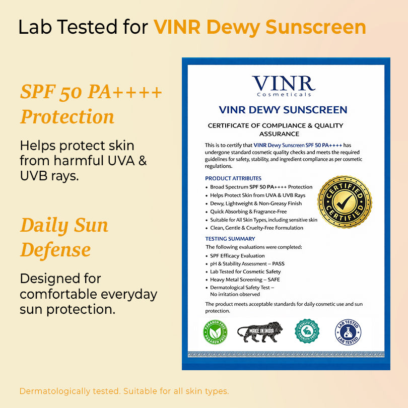 Vinr Dewy Sunscreen SPF 50++++ | Hydrating Glow Formula | Broad Spectrum UVA + UVB | With Niacinamide & Ceramides | 50 gm
