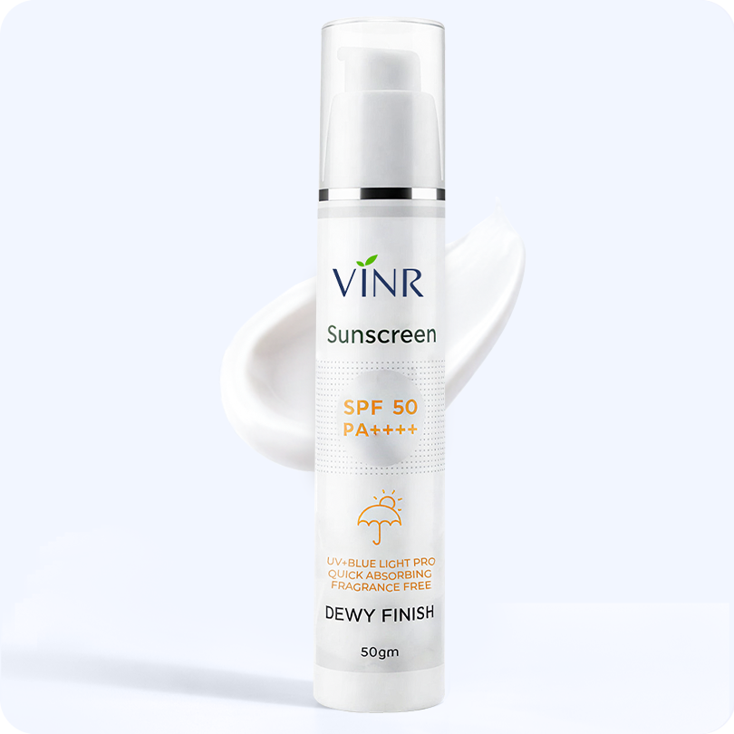VINR SPF 50 PA++++ Dewy Finish Sunscreen 50gm pump bottle – lightweight fragrance-free daily sunscreen for glowing skin