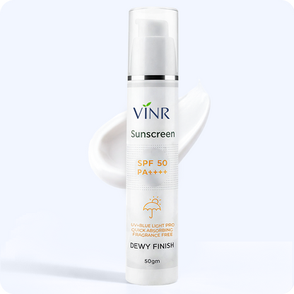 VINR SPF 50 PA++++ Dewy Finish Sunscreen 50gm pump bottle – lightweight fragrance-free daily sunscreen for glowing skin