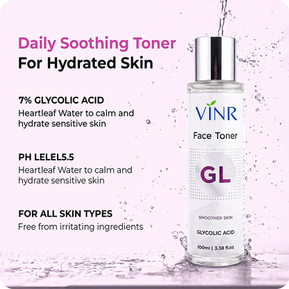 VINR GL Glycolic Acid Face Toner – 7% Glycolic Acid, pH 3.5 to 5, daily soothing toner for hydrated skin suitable for all skin types