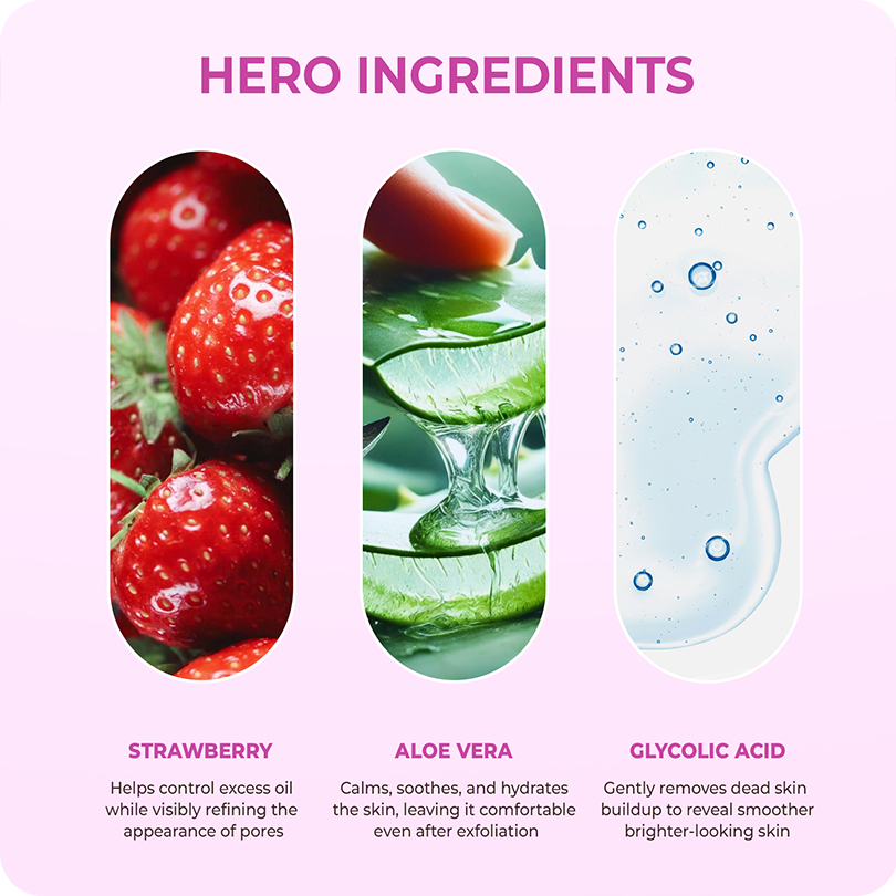 Hero ingredients in VINR Glycolic Acid Toner – Strawberry extract, Aloe Vera, and Hyaluronic Acid for smoother and brighter skin