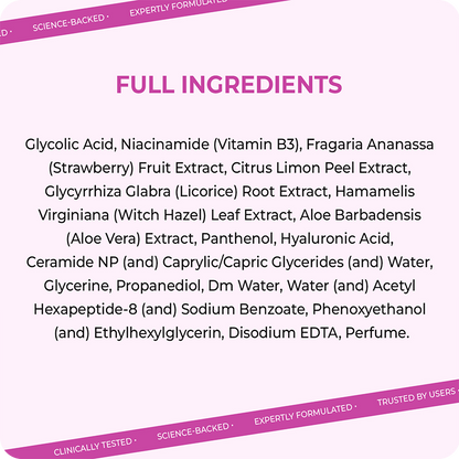 Full ingredients list of VINR Glycolic Acid Toner – Glycolic Acid, Niacinamide, Fragaria extract, Glycyrrhiza, Ceramide NP, Hyaluronic Acid and more
