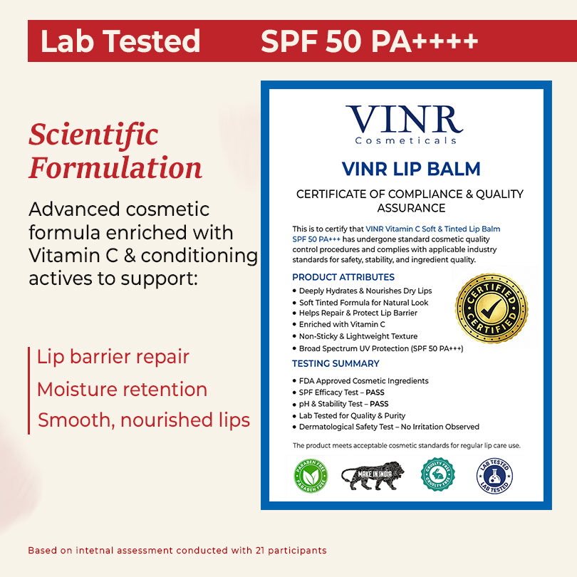 VINR Vitamin C Lip Balm lab-tested SPF 50 PA++++—scientifically formulated tinted lip care