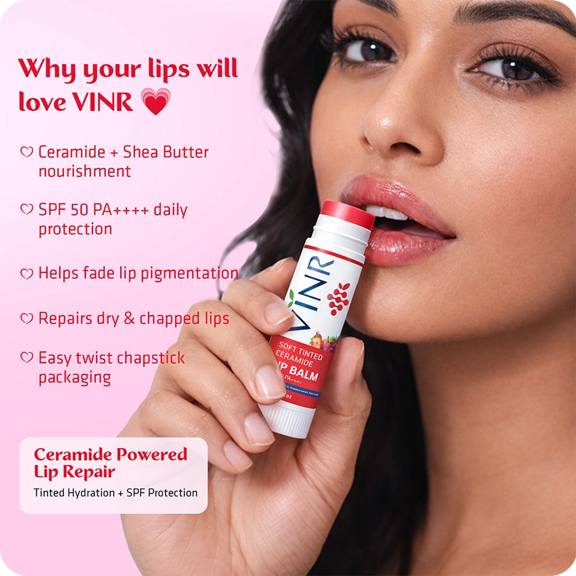 Why lips love? VINR Lip Balm – Ceramide and Shea Butter nourishment, SPF 50 PA++++ protection, fades pigmentation, repairs dry, chapped lips