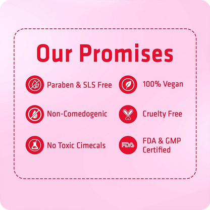 List of product promises including paraben & SLS free, 100% vegan, non-comedogenic, cruelty free, no toxic cimeicals, and FDA & GMP certified on a pink background.