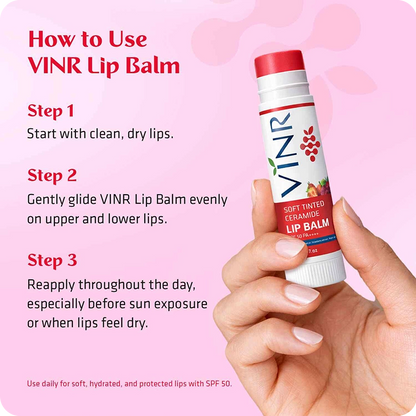 How to use VINR Soft Tinted Ceramide Lip Balm: Start with clean, dry lips; glide evenly on upper and lower lips; and reapply throughout the day