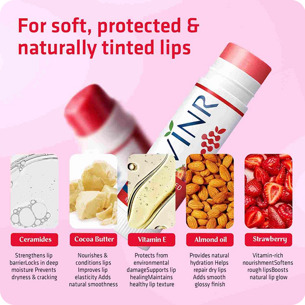 VINR Tinted Lip Balm ingredients – Ceramides, Cocoa Butter, Vitamin E, Almond Oil, and Strawberry for soft, protected, naturally tinted lips