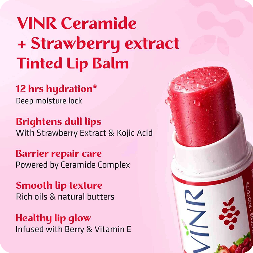 VINR Ceramide and Strawberry Extract Tinted Lip Balm – 12-hour hydration, brightens dull lips with Kojic Acid, barrier repair with Ceramide Complex, healthy glow with Berry and Vitamin E