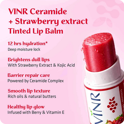 VINR Ceramide and Strawberry Extract Tinted Lip Balm – 12-hour hydration, brightens dull lips with Kojic Acid, barrier repair with Ceramide Complex, healthy glow with Berry and Vitamin E