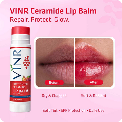 VINR Ceramide Lip Balm before and after—dry and chapped lips to soft and radiant with soft tint SPF protection and daily use