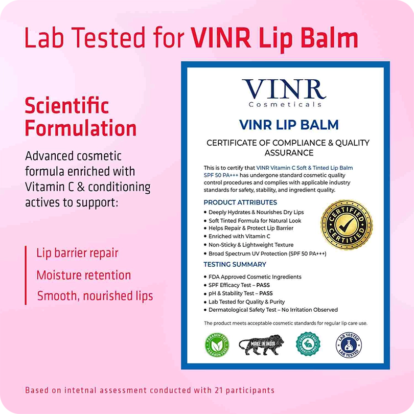 Lab-tested VINR Lip Balm with certificate of compliance – scientifically formulated tinted lip balm for barrier repair moisture retention and smooth lips