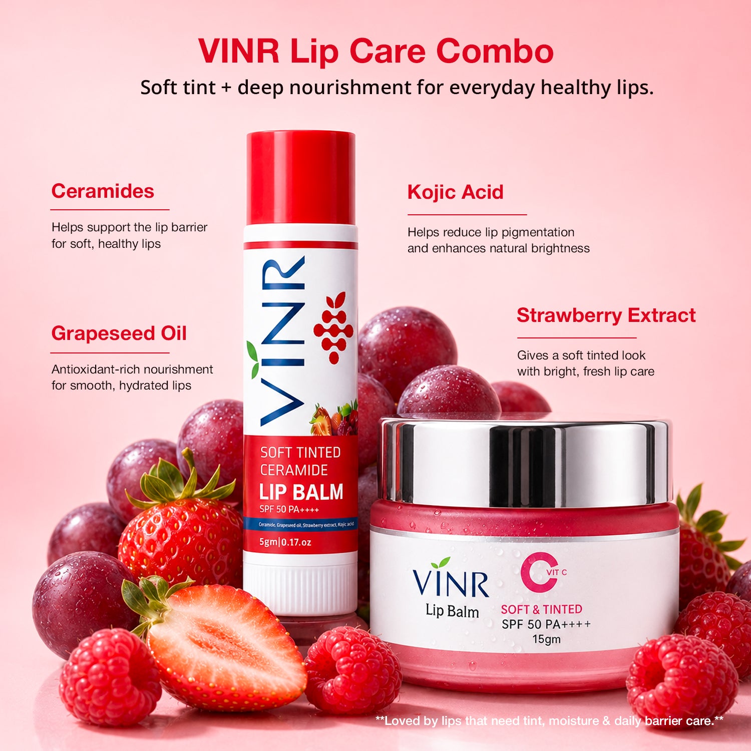 VINR Soft Tinted Ceramide Lip Balm + Lip Sleeping Mask Combo | Deep Moisture, Plump & Repair Dry, Chapped Lips Overnight