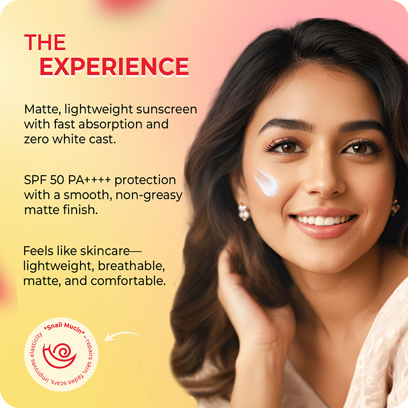 VINR SPF 50 Sunscreen experience – matte, lightweight formula with fast absorption, non-greasy matte finish, feels like skin care
