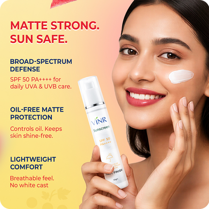 VINR Matte Finish Sunscreen – broad spectrum SPF 50 PA++++, oil-free matte protection, lightweight comfort for daily sun defense