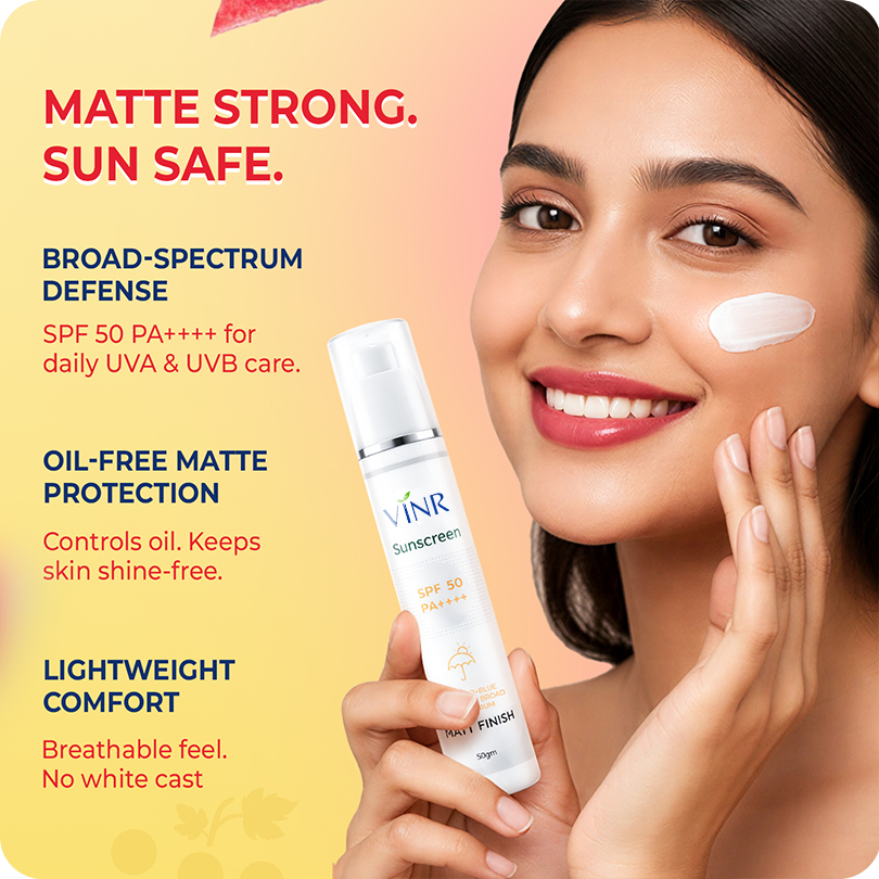 Vinr SPF 50 PA++++ Matt Finish Sunscreen | Broad Spectrum UVA + UVB | Oil-Free, No White Cast | 50 gm
