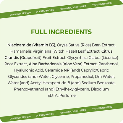 Full ingredients of VINR Rice Water Toner – Niacinamide, Oryza Sativa Rice Bran Extract, Witch Hazel, Grapefruit, Licorice, Hyaluronic Acid, Ceramide NP, Aloe Vera