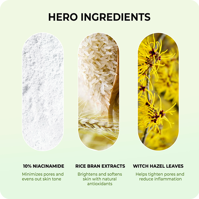 Hero ingredients in VINR NI Face Toner – 9% Niacinamide, Rice Bran Extracts, and Witch Hazel Leaves for glass-glow skin