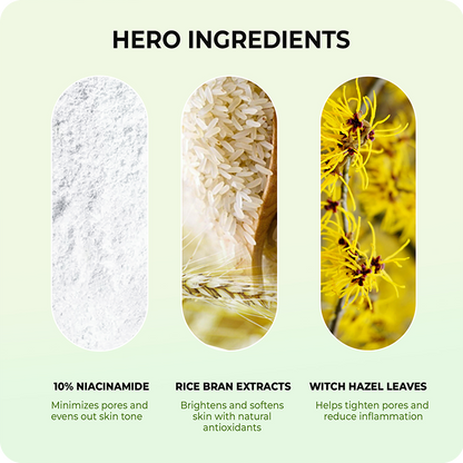 Hero ingredients in VINR NI Face Toner – 9% Niacinamide, Rice Bran Extracts, and Witch Hazel Leaves for glass-glow skin
