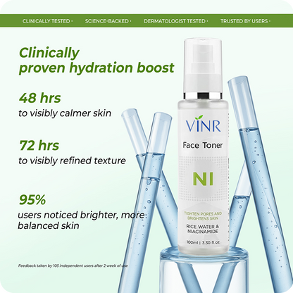 VINR NI Toner clinically proven results – visibly calmer skin in 48 hours, refined texture in 72 hours, 95% users noticed brighter more balanced skin