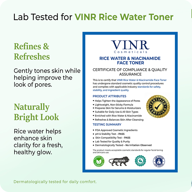 Lab-tested VINR Rice Water and Niacinamide Toner with certificate of compliance – a dermatologist-tested refining and brightening toner