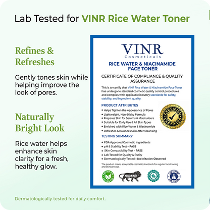 Lab-tested VINR Rice Water and Niacinamide Toner with certificate of compliance – a dermatologist-tested refining and brightening toner