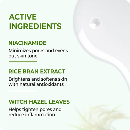 Active ingredients in VINR Rice Water Niacinamide Toner – Niacinamide minimizes pores, Rice Bran Extract brightens skin, Witch Hazel Leaves reduce inflammation