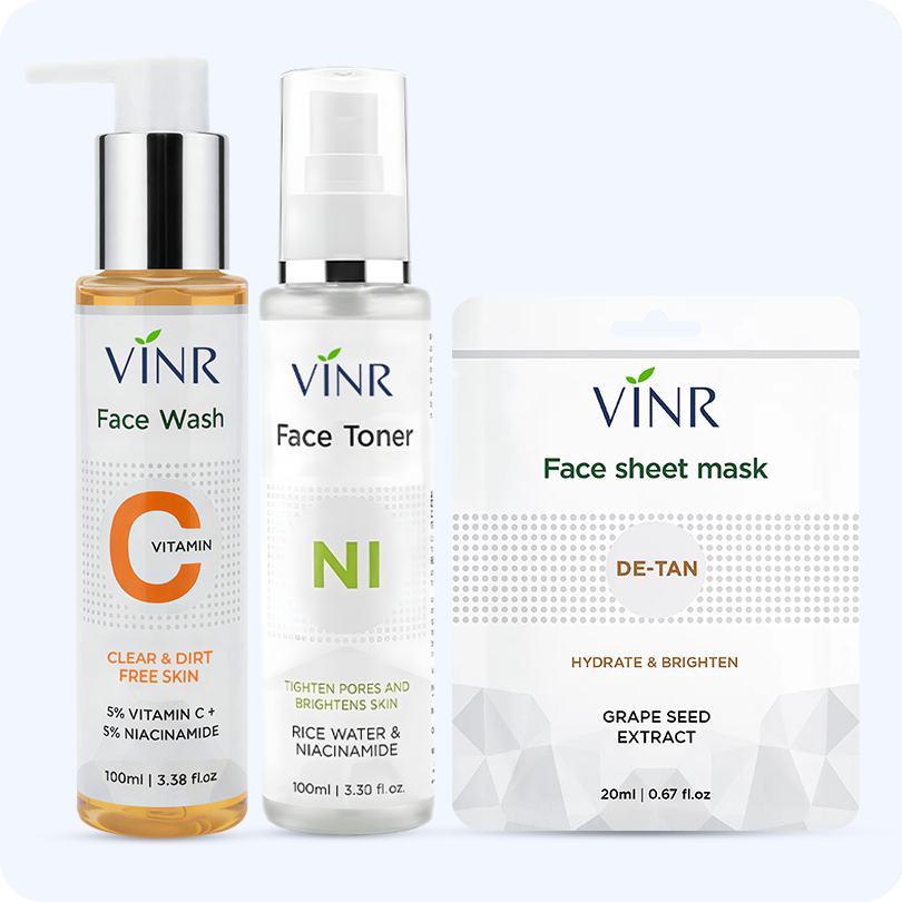 Vinr Mini Glow Combo | Vitamin C Facewash, Niacinamide & Rice Water Toner, De-Tan Sheet Mask | Brightens, Calms & Restores Glow | Suitable for All Skin Types